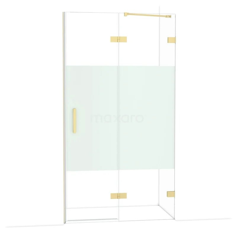 Diamond Shower door | 110 cm Light gold Clear with matt strip Pivot door DDB22651223LG Glazen douchewand met mat wit paneel, gouden beslag en modern design, perfect voor een stijlvolle badkamer inrichting.