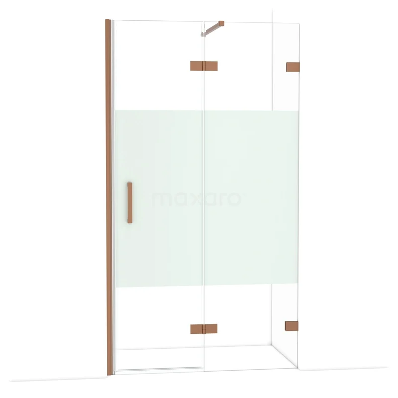 Diamond Douchedeur | 110 cm Koper Helder met matte strook Draaideur DDB22652123KP Heldere glazen douchecabine met bronskleurige accenten, matglazen middenpaneel, luxe afwerking voor een stijlvolle badkamer.