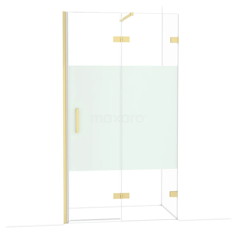 Diamond Douchedeur | 110 cm Lichtgoud Helder met matte strook Draaideur DDB22652123LG Glazen douchedeur met gouden details, mat middenpaneel en hoekontwerp voor stijlvolle badkamerinrichting.