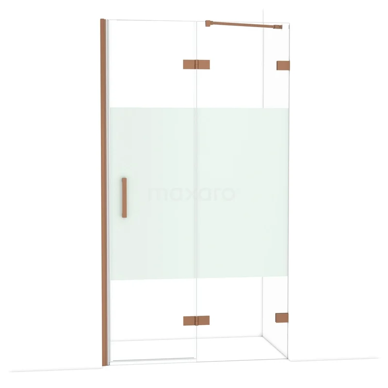 Diamond Douchedeur | 110 cm Koper Helder met matte strook Draaideur DDB22652223KP Inloopdouche met glazen schuifdeur, koperkleurige accenten en mat glazen detail, modern badkamerdesign.