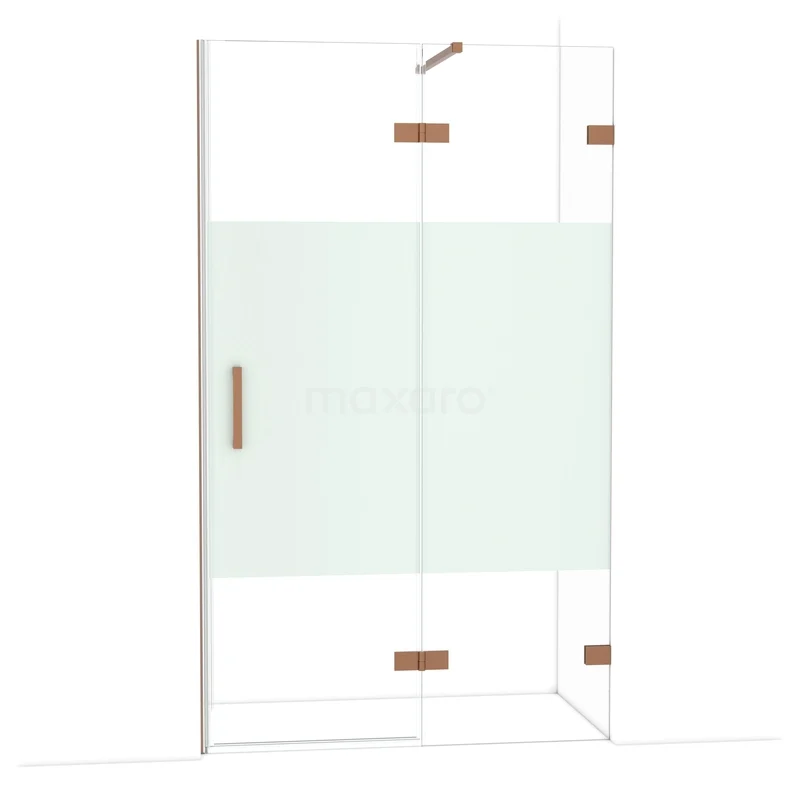 Diamond Shower door | 120 cm Copper Clear with matt strip Pivot door DDB22661123KP Douchecabine met matglazen middenpaneel, goudkleurige scharnieren en handgreep; moderne uitstraling voor de badkamer.