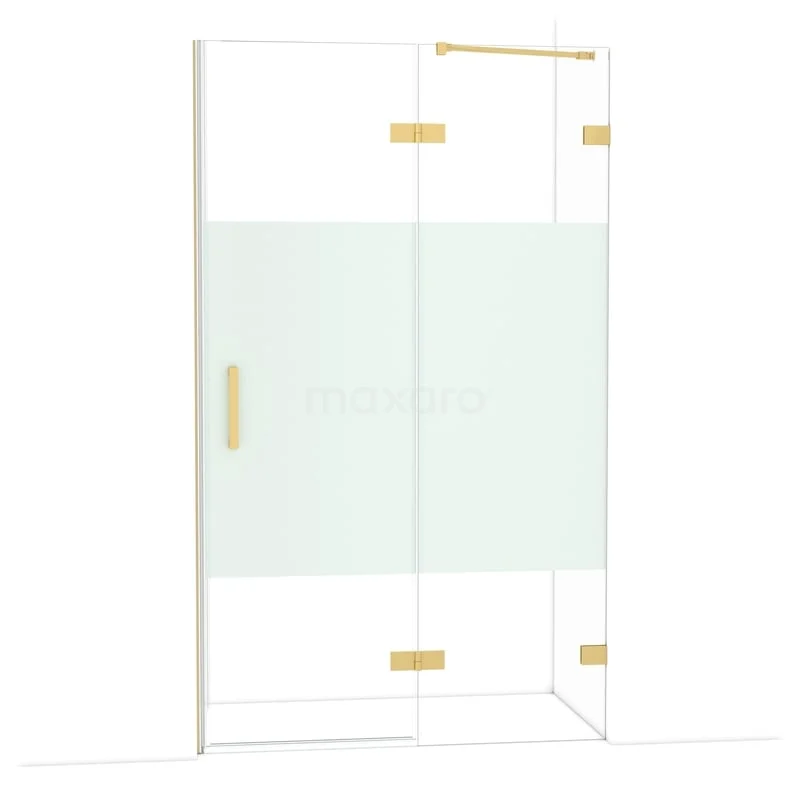 Diamond Douchedeur | 120 cm Goud Helder met matte strook Draaideur DDB22661223GG Glazen douchewand met goudkleurige scharnieren en frame, transparant met mat paneel, modern design voor luxe badkamers.