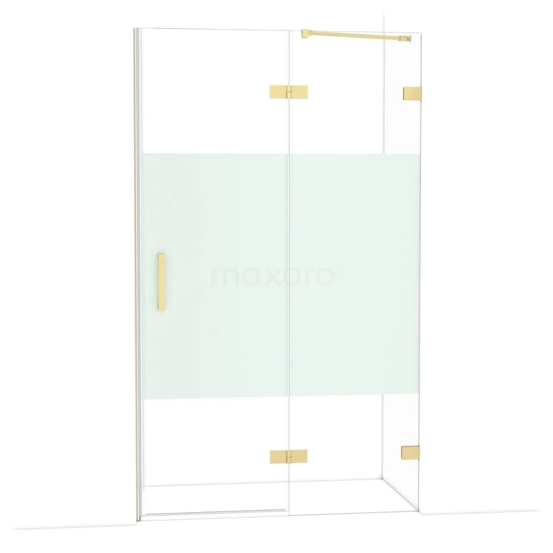 Diamond Douchedeur | 120 cm Lichtgoud Helder met matte strook Draaideur DDB22661223LG Glazen douchewand met mat wit detail en goudkleurige scharnieren, stijlvol ontwerp voor een moderne badkamer.