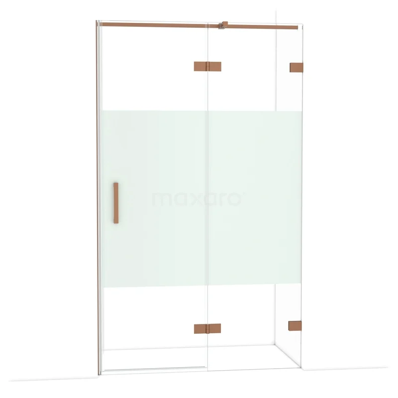 Diamond Douchedeur | 120 cm Koper Helder met matte strook Draaideur DDB22661323KP Glazen douchewand met rosegouden accenten, mat wit middenpaneel, ideaal voor een stijlvolle badkamerinrichting.