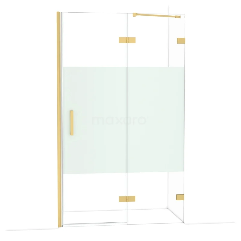 Diamond Shower door | 120 cm Gold Clear with matt strip Pivot door DDB22662223GG Glazen douchewand met gouden accenten, mat wit paneel, luxe badkamerdesign.