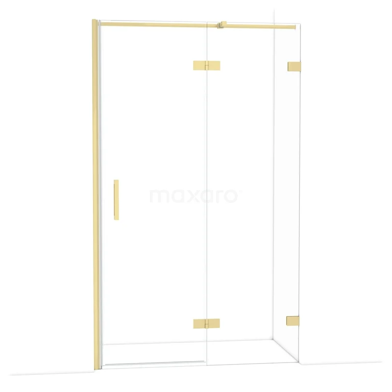 Goudkleurige douchewand met helder glas en metalen accenten, perfect voor een moderne badkamerinrichting.