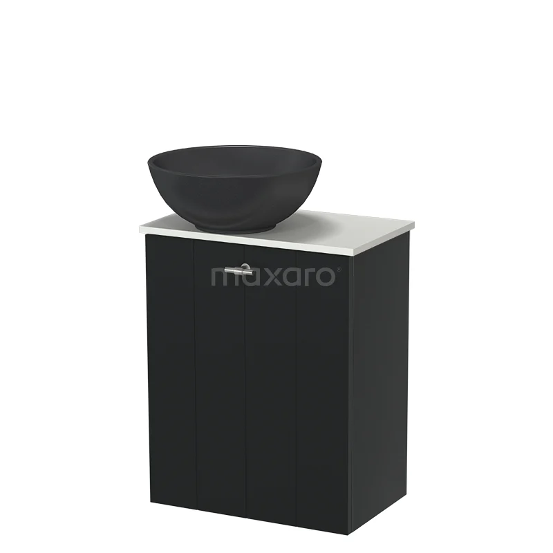 Modulo Pico WC-Möbel mit Aufsatzwaschbecken | 41 cm Matt Schwarz Lamellen Front Quarz Aufsatzwaschbecken Solid Surface Waschbeckenplatte TMK10-18255 Schwarz Badmöbel mit komförmigem Waschbecken, moderne Ausstrahlung, kompakter Schrank mit Matt Schwarz Oberfläche und klaren Linien.