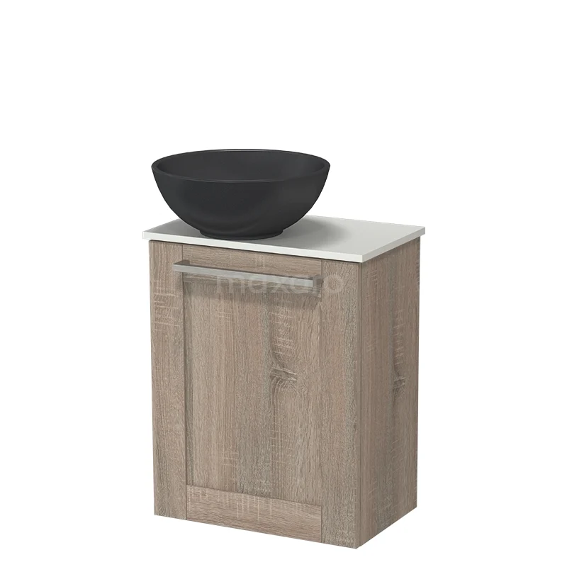 Modulo Pico WC-Möbel mit Aufsatzwaschbecken | 41 cm Eiche Rahmenfront Quarz Aufsatzwaschbecken Solid Surface Waschbeckenplatte TMK10-18345 Holz Badmöbel mit Eichenfurnier, schwarzem Aufsatzwaschbecken und weißer Arbeitsplatte, ideal für einen modernen Badezimmerstil.