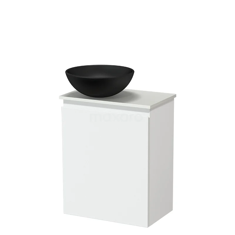 Modulo Pico WC-Möbel mit Aufsatzwaschbecken | 41 cm Matt Weiß Grifflose Front Keramik-Aufsatzwaschbecken Solid Surface Waschtischplatte TMK10-18406 Weißes Badezimmermöbel mit schwarzer Waschbecken, modernes Design, geeignet für kompakte Bäder, ausgeführt in robustem Material.