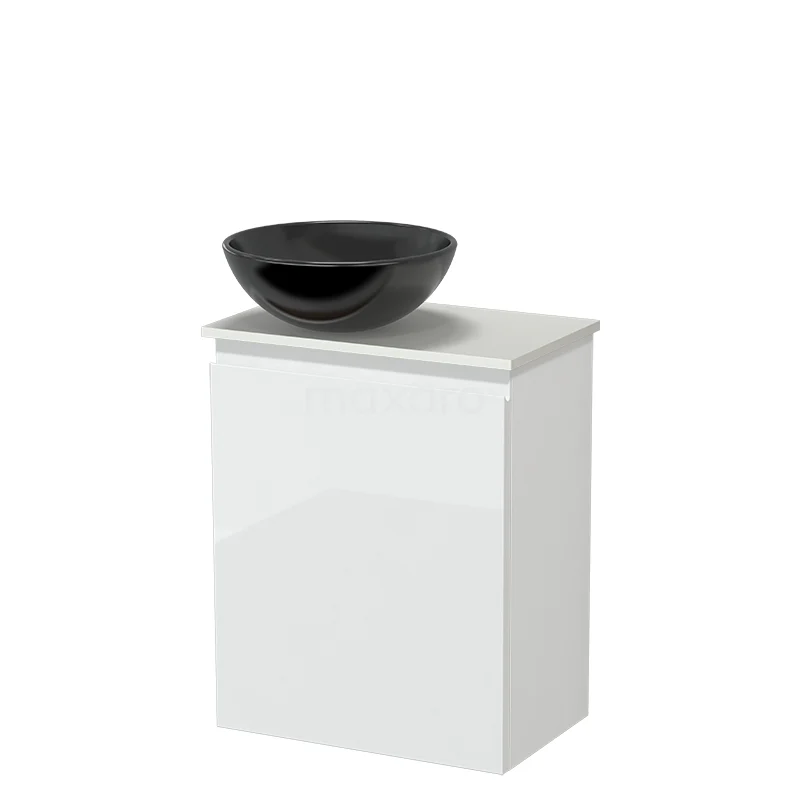 Modulo Pico WC-Möbel mit Aufsatzwaschbecken | 41 cm Hochglanz Weiß Grifflose Front Keramik-Aufsatzwaschbecken Solid Surface Waschtischplatte TMK10-18453 Weißes Badezimmermöbel mit schwarzem rundem Aufsatzwaschbecken, moderne Ausstrahlung, ideal für kompakte Bäder, aus hochwertigem Material gefertigt.