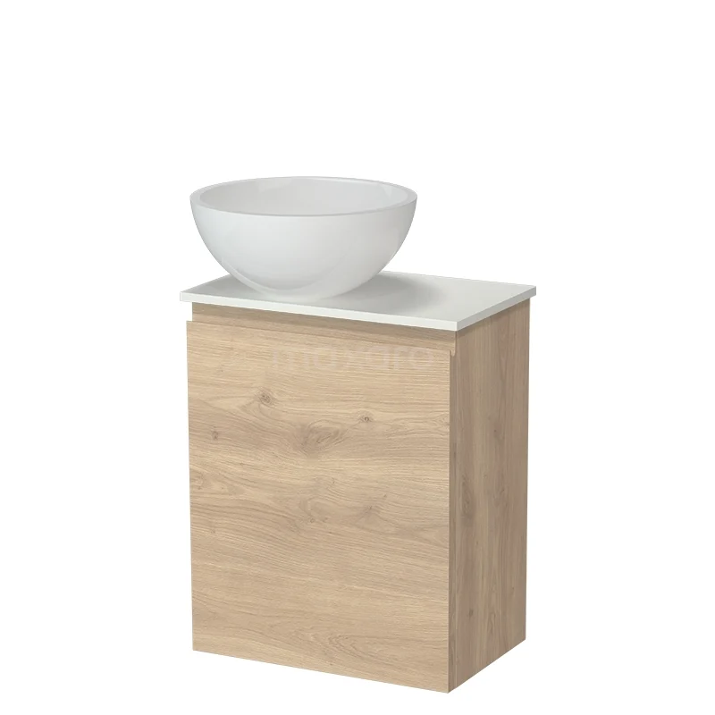 Modulo Pico WC-Möbel mit Aufsatzwaschbecken | 41 cm Hellbraune Eiche Grifflose Front Mineralguss-Aufsatzwaschbecken Solid Surface Waschtischplatte TMK10-18544 Holz Badezimmermöbel mit weißem keramischen Aufsatzwaschbecken, modernes und kompaktes Design für eine stilvolle Badezimmergestaltung.