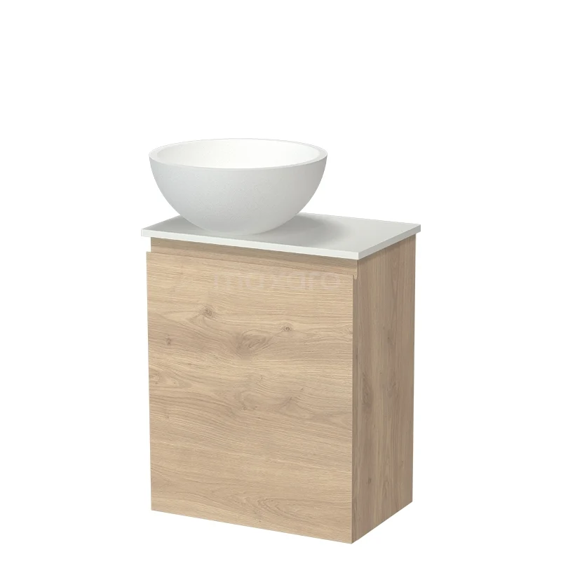 Modulo Pico WC-Möbel mit Aufsatzwaschbecken | 41 cm Hellbraune Eiche Grifflose Front Solid Surface Aufsatzwaschbecken Solid Surface Aufsatzwaschplatte TMK10-18545 Holz-Badmöbel mit weißem Aufsatzwaschbecken, kompaktes Design, ideal für kleine Bäder, modern und praktisch.