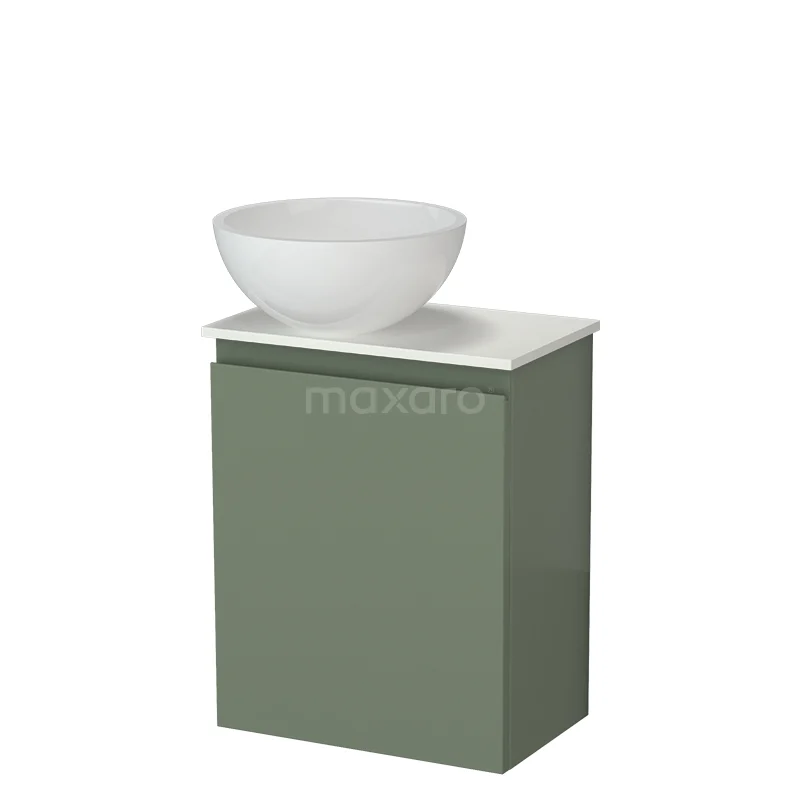 Modulo Pico WC-Möbel mit Aufsatzwaschbecken | 41 cm Salbeigrün Grifflose Front Mineralguss Aufsatzwaschbecken Solid Surface Waschtischplatte TMK10-18764 Grüner Badschrank mit Waschbecken, elegantes Design, matte Oberfläche und runder weißer Aufsatzwaschbecken, ideal für einen modernen Badezimmerstil.