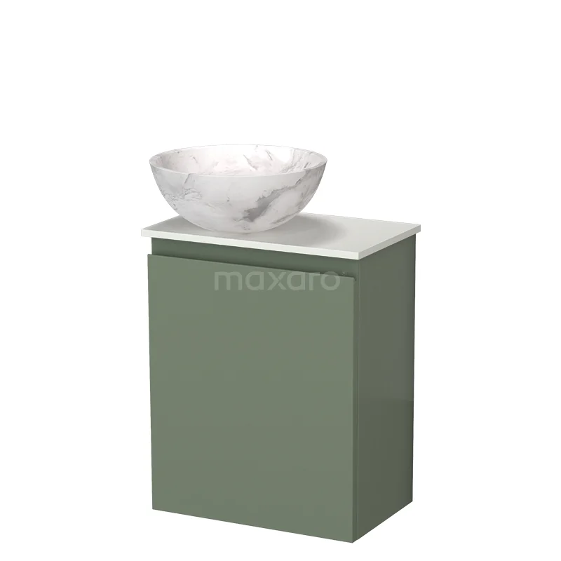 Modulo Pico WC-Möbel mit Aufsatzwaschbecken | 41 cm Salbeigrün Grifflose Front Naturstein-Aufsatzwaschbecken Solid Surface Waschtischplatte TMK10-18767 Grüner Badschrank mit weißem Marmor Aufsatzwaschbecken, modernes Design und kompaktes Format für stilvolle Badezimmerlagerung.