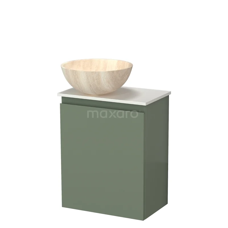 Modulo Pico WC-Möbel mit Aufsatzwaschbecken | 41 cm Salbeigrün Grifflose Front Naturstein-Aufsatzwaschbecken Solid Surface Waschtischplatte TMK10-18768 Grünes Badmöbel mit marmoriertem Aufsatzwaschbecken, modernes Design und kompaktes Format, ideal für kleine Bäder.