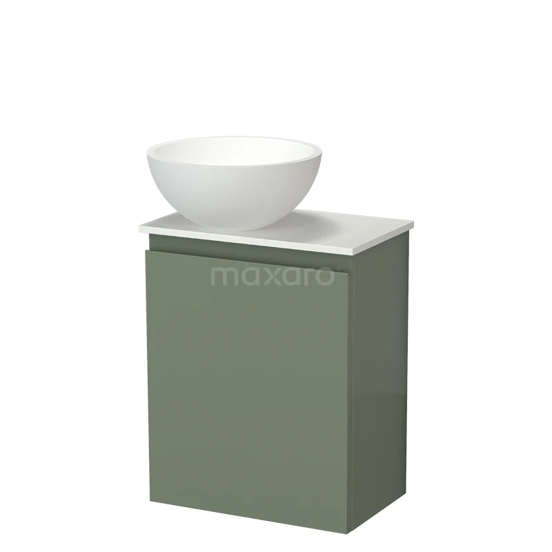 Modulo Pico Toilet Furniture with Basin | 41 cm Sage Green Handleless Front Solid Surface Basin Solid Surface Washbasin Top TMK10-18778 Green bathroom cabinet with white mineral washbasin from a modern series, sleek design, ideal for small bathrooms.