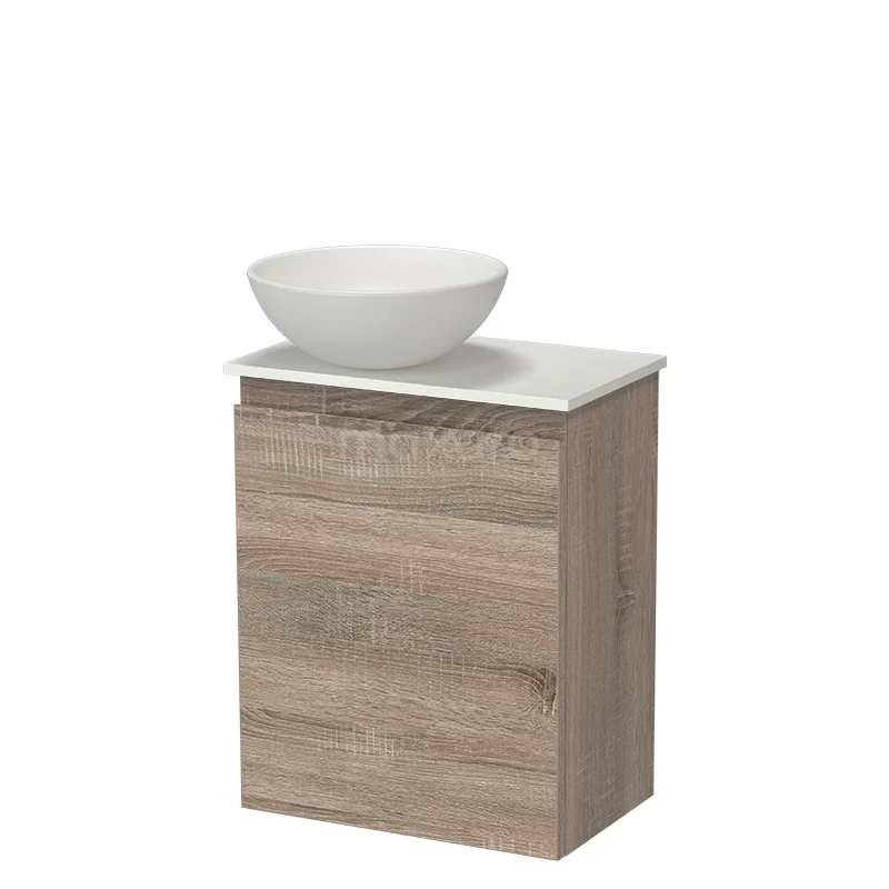 Modulo Pico WC-Möbel mit Aufsatzwaschbecken | 41 cm Eiche grifflose Front Keramik-Aufsatzwaschbecken Solid Surface Waschtischplatte TMK10-18832 Holz Badmöbel mit Waschbecken, Eichelook, kompaktes Design, geeignet für moderne Bäder.