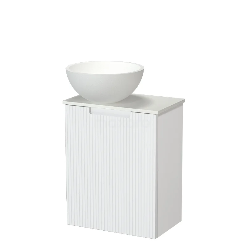 Modulo Pico WC-Möbel mit Aufsatzwaschbecken | 41 cm Matt Weiß Line Front Aufsatzwaschbecken Solid Surface Waschtischplatte TMK10-18909 Weißes Badezimmermöbel mit runder keramischer Waschbecken, minimalistisches Design und kompakte Form, ideal für kleine Bäder.