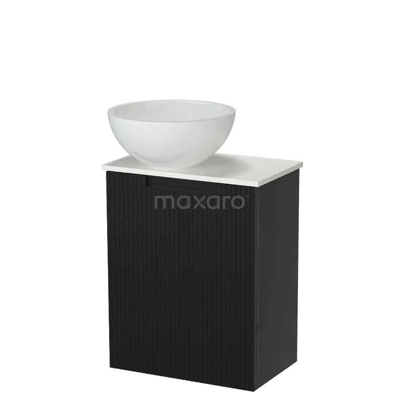 Modulo Pico WC-Möbel mit Aufsatzwaschbecken | 41 cm Matt Schwarz Line Front Mineralguss Aufsatzwaschbecken Solid Surface Waschbeckenplatte TMK10-18911 Schwarzer Waschbeckenunterschrank mit weißem Keramik-Aufsatzwaschbecken, elegantes Design, kompaktes Format, ideal für moderne Bäder.