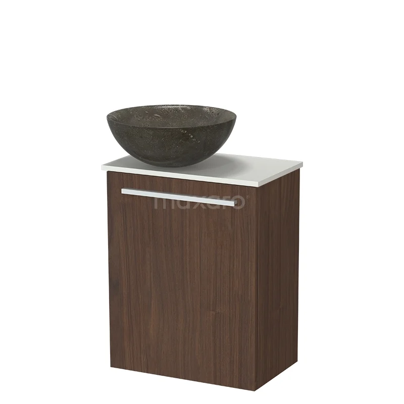 Modulo Pico WC-Möbel mit Aufsatzwaschbecken | 41 cm Nussbaum glatte Front Naturstein-Aufsatzwaschbecken Solid Surface Waschtischplatte TMK10-19017 Badmöbelset mit Holzoptik, weißer Oberfläche und Natursteine Aufsatzwaschbecken, ideal für eine stilvolle Badezimmergestaltung.