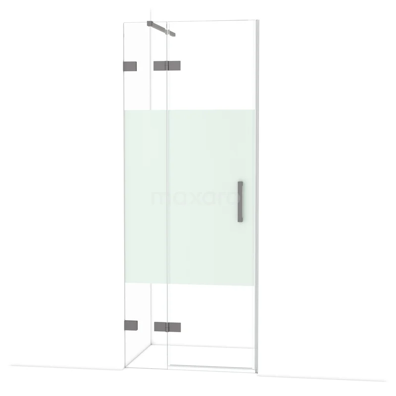 Diamond Douchedeur | 80 cm Zwart metaal Helder met matte strook Draaideur DDB21351123ZM Douchewand helder glas met matte strook, hoekopstelling, RVS scharnieren, stijlvol design voor een moderne badkamer.