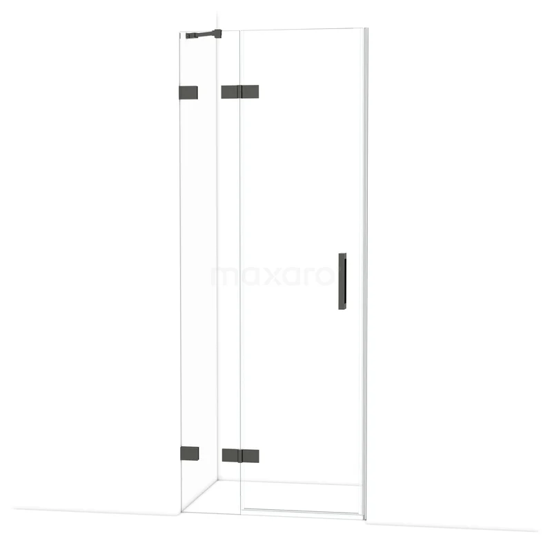Diamond Douchedeur | 80 cm Zwart chroom Helder glas Draaideur DDB21351220BC Glazen douchedeur met zwart metalen scharnieren en handgreep, ideaal voor een moderne badkamerinrichting.