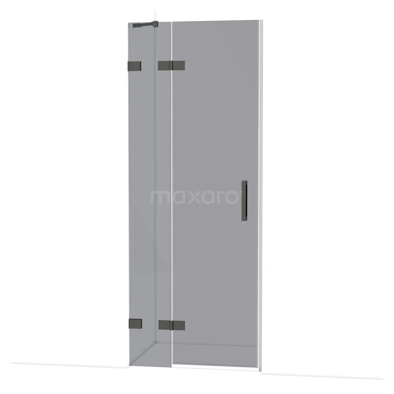 Douchedeur van helder veiligheidsglas met zwart metalen scharnieren, geschikt voor moderne badkamers.