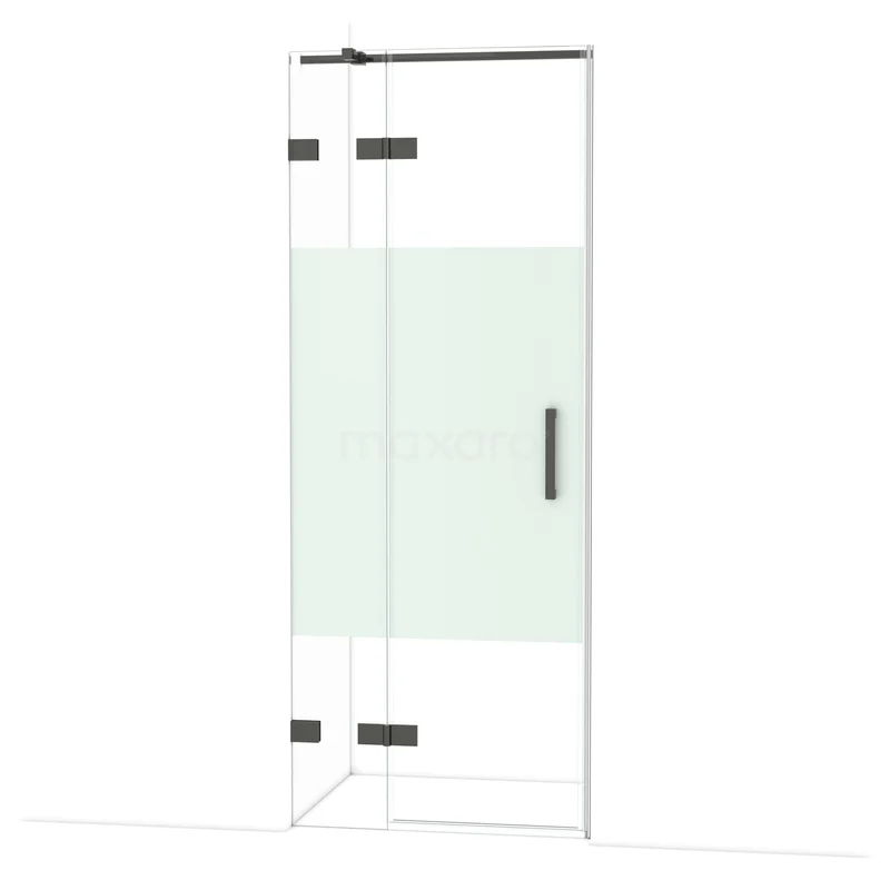 Diamond Douchedeur | 80 cm Zwart chroom Helder met matte strook Draaideur DDB21351323BC Glazen douchedeur met mat wit privacy-paneel, zwarte scharnieren en handgreep; modern badkameraccessoire.