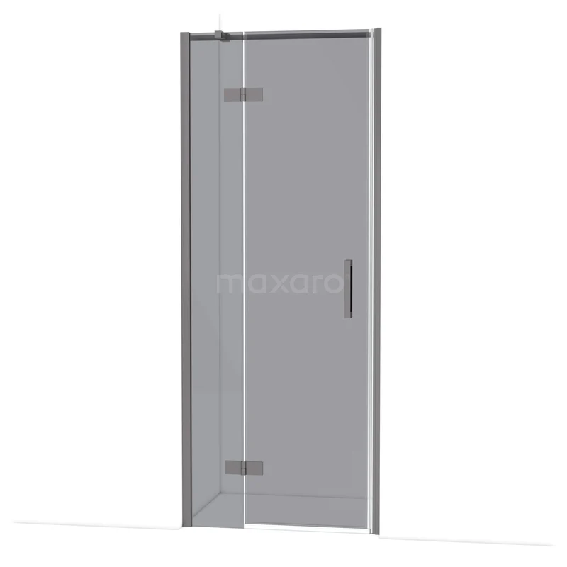 Glazen douchedeur, hoekig design, helder glas met metalen scharnieren en handgreep, ideaal voor moderne badkamers.