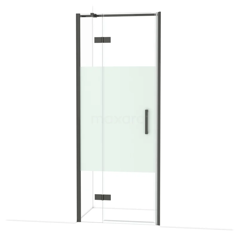 Douchedeur met zwart frame, helder glas en matte strook, ideaal voor een moderne badkamerstijl.
