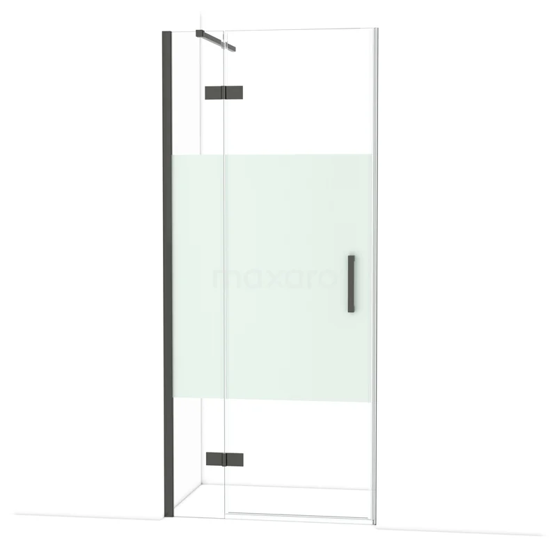 Diamond Douchedeur | 90 cm Zwart chroom Helder met matte strook Draaideur DDB21361113BCN Glazen douchecabine met zwart frame en mat witte strook, modern ontwerp ideaal voor een stijlvolle badkamerrenovatie.