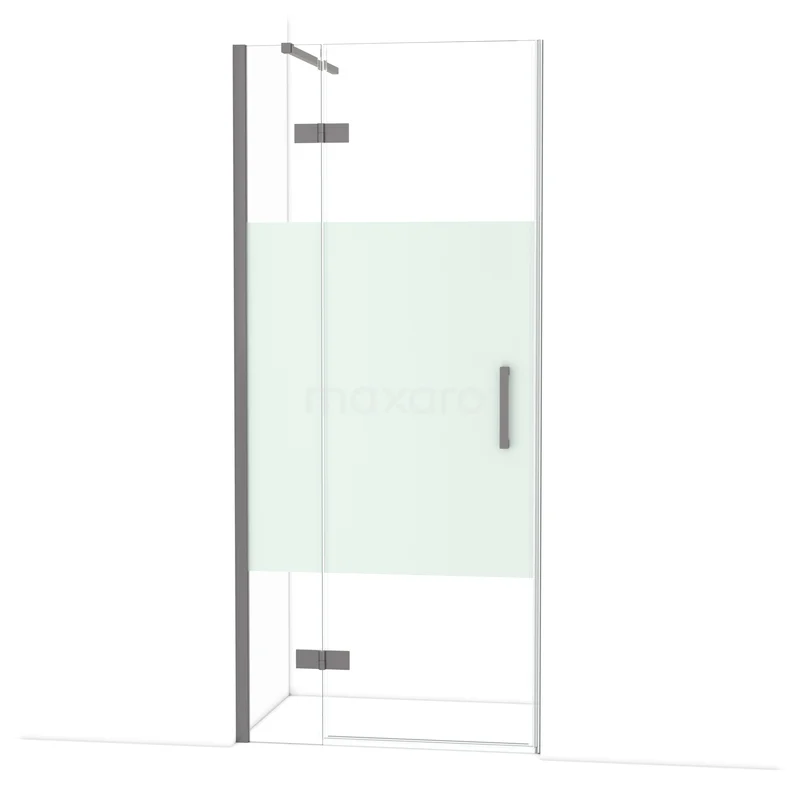 Diamond Shower door | 90 cm Black metal Clear with matt strip Pivot door DDB21361113ZMN Helder glazen douchedeur met mat glasstrook, RVS handgreep, geschikt voor moderne badkamers.
