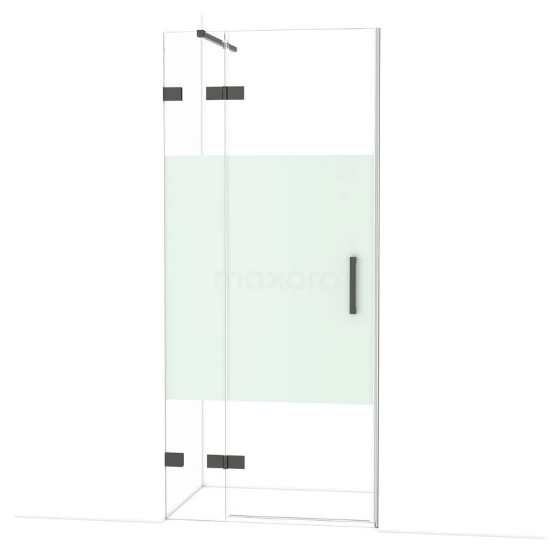 Diamond Douchedeur | 90 cm Zwart chroom Helder met matte strook Draaideur DDB21361123BC Hoekdouche met helder glas en mat wit paneel, zwarte scharnieren en handgreep, perfect voor een moderne badkamer.
