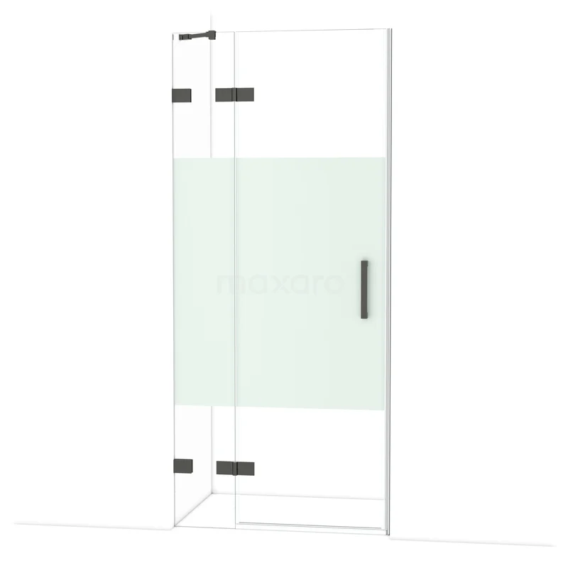 Diamond Shower door | 90 cm Black chrome Clear with matt strip Pivot door DDB21361223BC Glazen douchewand met mat-wit paneel en zwarte handgreep, hoekvormig design, ideaal voor moderne badkamers.