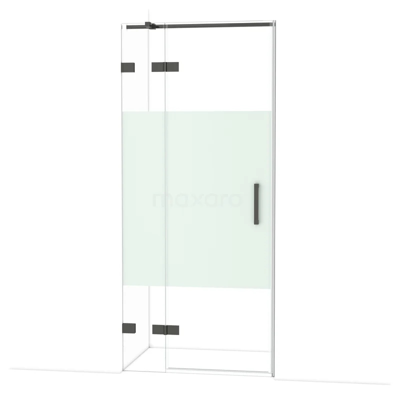 Diamond Shower door | 90 cm Black chrome Clear with matt strip Pivot door DDB21361323BC Glazen douchedeur met mat witte strook, hoekmodel, zwart metalen scharnieren en handgreep; modern badkamerdesign.