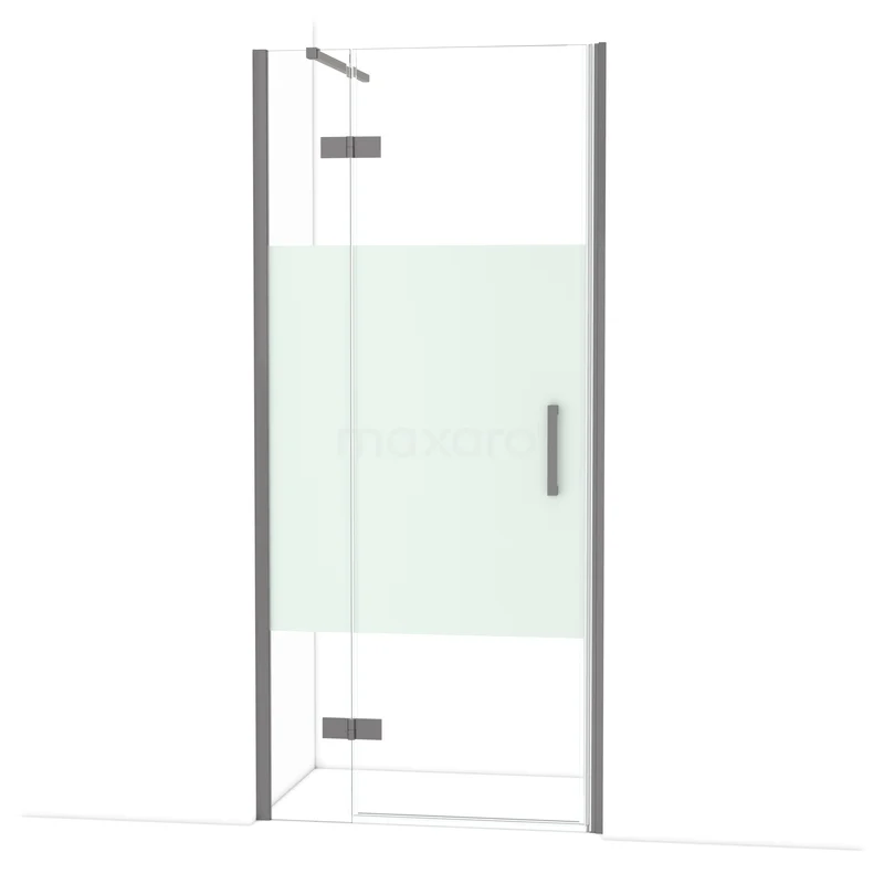 Diamond Douchedeur | 90 cm Zwart metaal Helder met matte strook Draaideur DDB21362113ZM Douchedeur hoekinstap, helder glas met mat wit band, roestvrij stalen handgreep, ideaal voor moderne badkamers.