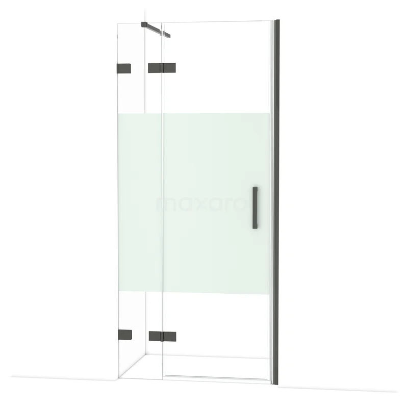 Diamond Douchedeur | 90 cm Zwart chroom Helder met matte strook Draaideur DDB21362123BC Glazen douchewand met matglazen strook, zwart metalen profiel en draaideur; elegante oplossing voor moderne badkamers.