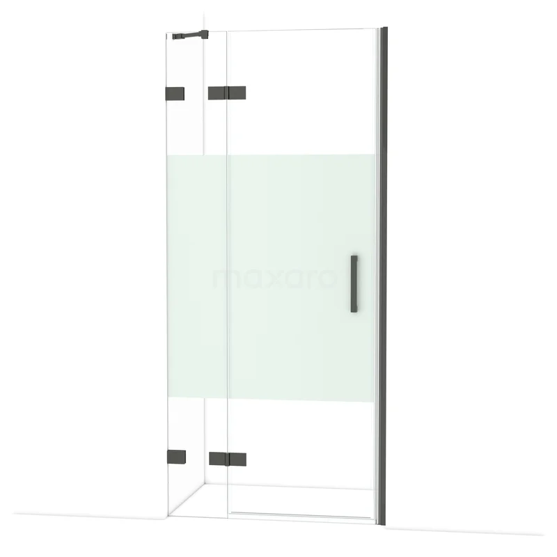 Diamond Douchedeur | 90 cm Zwart chroom Helder met matte strook Draaideur DDB21362223BC Glazen douchewand met mat wit paneel, minimalistisch design, ideaal voor een moderne badkamerinrichting.