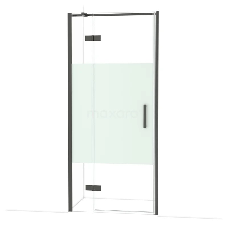 Diamond Douchedeur | 90 cm Zwart chroom Helder met matte strook Draaideur DDB21362313BC Zwarte douchedeur met helder glas en mat afschermpaneel, modern design voor een stijlvolle badkamer.