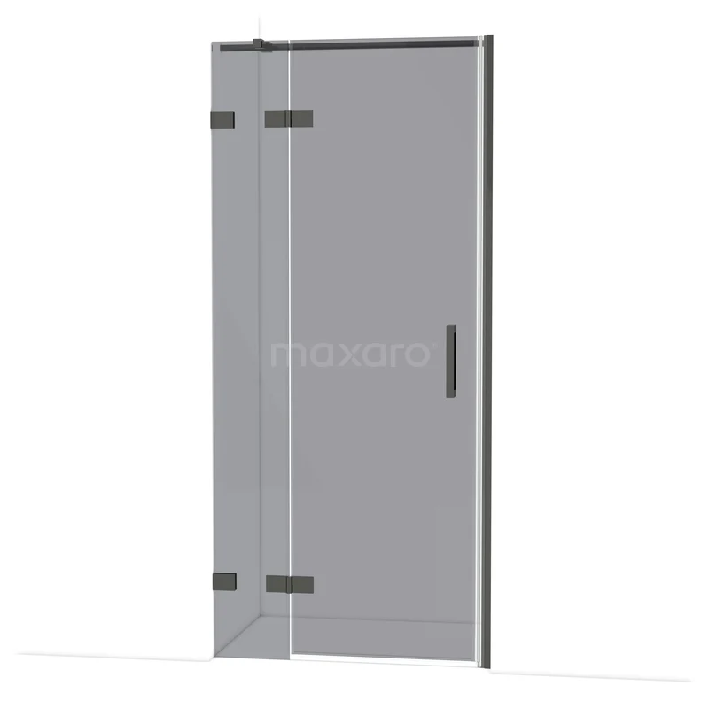 Diamond Shower door | 90 cm Black chrome Smoke glass Pivot door DDB21362321BC Douchedeur van helder glas met zwarte scharnieren en handgreep, geschikt voor moderne badkamers.
