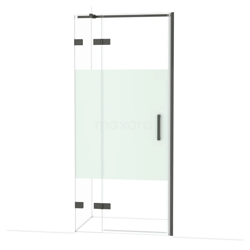 Diamond Douchedeur | 90 cm Zwart chroom Helder met matte strook Draaideur DDB21362323BC Glazen douchedeur met mat witte strook, zwart frame en scharnieren, ideaal voor een moderne badkamer.