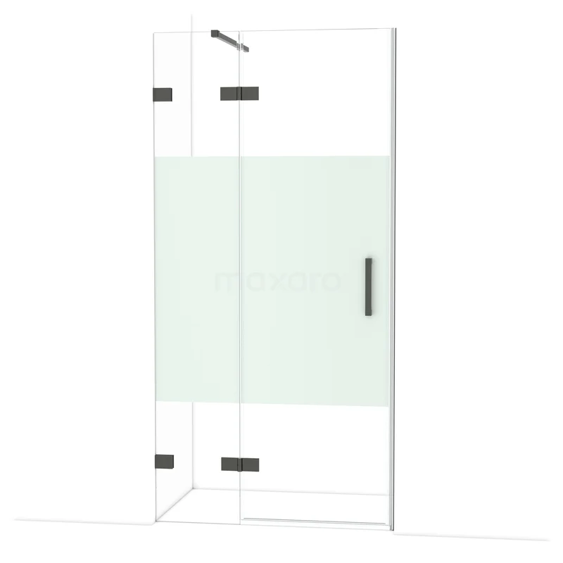 Diamond Shower door | 100 cm Black chrome Clear with matt strip Pivot door DDB21461123BC Glazen douchedeur met zwart metalen scharnieren en handgreep, helder glas met mat middenstuk, ideaal voor moderne badkamers.