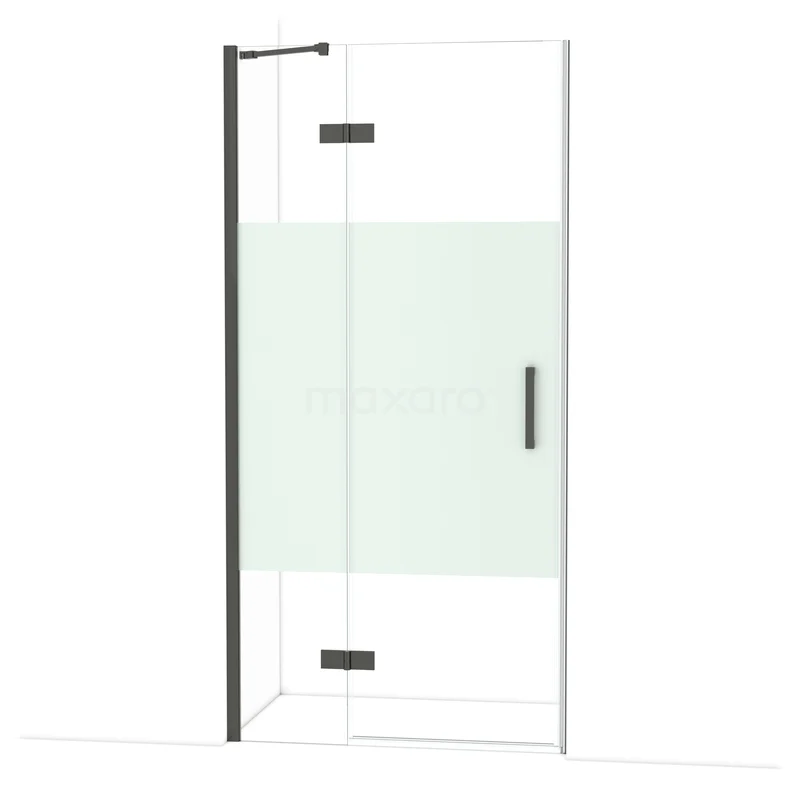 Diamond Douchedeur | 100 cm Zwart chroom Helder met matte strook Draaideur DDB21461213BCN Glazen douchecabine met mat wit detail, zwart frame en draaideur, stijlvol modern ontwerp voor een luxe badkamer.