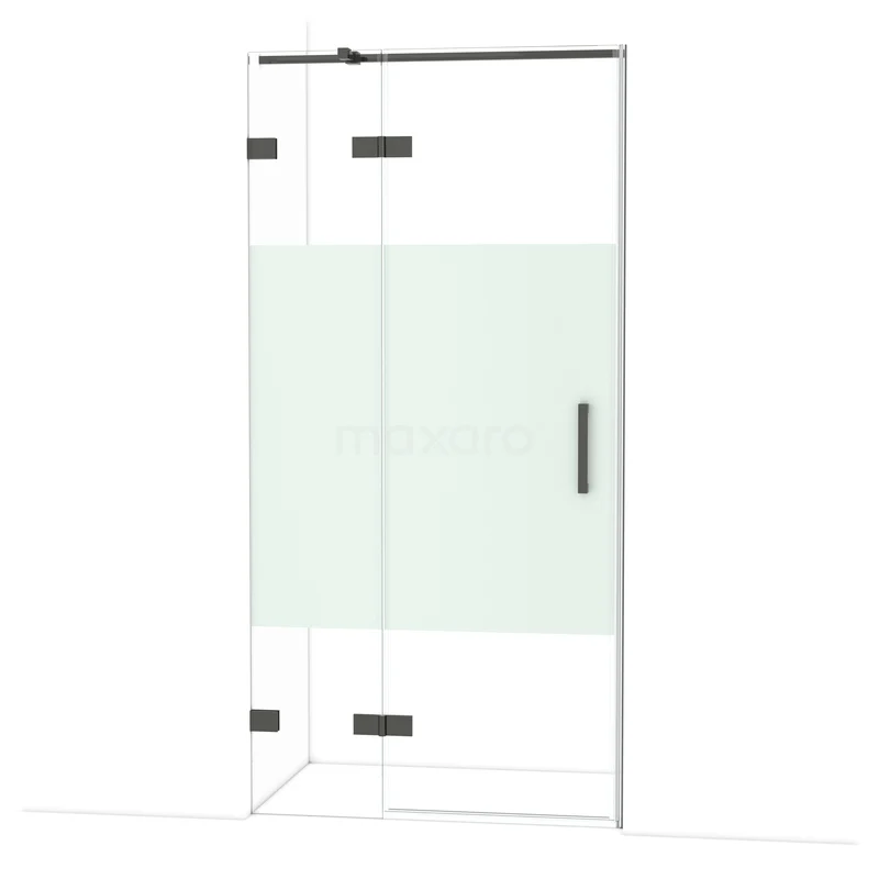Diamond Douchedeur | 100 cm Zwart chroom Helder met matte strook Draaideur DDB21461323BC Douchedeur met helder glas en matwit paneel, zwarte scharnieren en handgreep, ideaal voor een moderne badkamer.