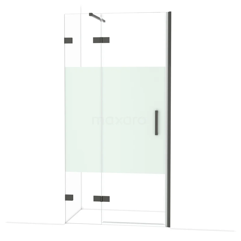 Diamond Douchedeur | 100 cm Zwart chroom Helder met matte strook Draaideur DDB21462123BC Glazen douchedeur met mat witte strook, strakke zwarte accenten en scharnieren, perfect voor moderne badkamerinrichting.