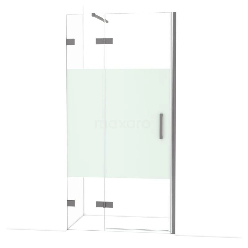 Diamond Douchedeur | 100 cm Zwart metaal Helder met matte strook Draaideur DDB21462123ZM Douchedeur van glas met mat witte strook, hoekopstelling, scharnieren en handgreep. Modern badkamerdesign.