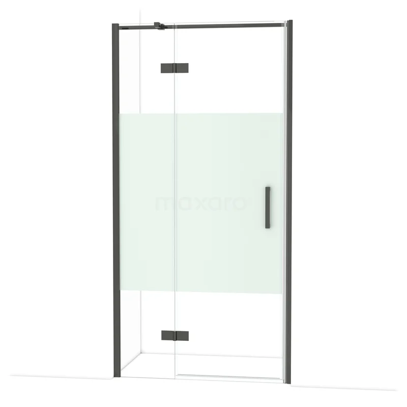 Diamond Shower door | 100 cm Black chrome Clear with matt strip Pivot door DDB21462313BC Glazen douchedeur met matzwart frame, deels matglas en subtiele handgreep, ideaal voor een moderne badkamerstijl.