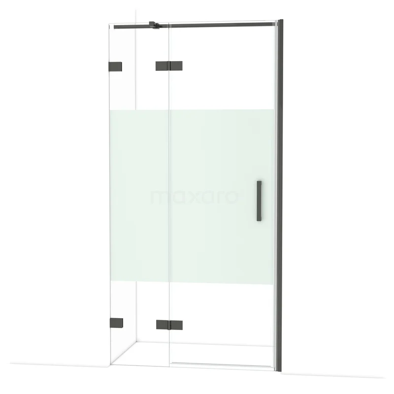 Diamond Douchedeur | 100 cm Zwart chroom Helder met matte strook Draaideur DDB21462323BC Zwarte hoekdouchecabine met helder glas en matte strook, modern ontwerp voor een stijlvolle badkamer.
