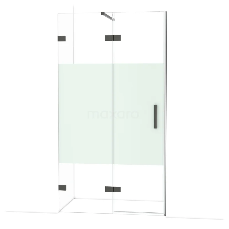 Duschtür Diamond 110 cm 8mm klares Sicherheitsglas mit mattem Streifen Schwarzchrom DDB21651123BC Glas Duschkabine mit Matt Weiß Privatsphäre Paneel und schwarzen Scharnieren, ideal für ein modernes Badezimmer.