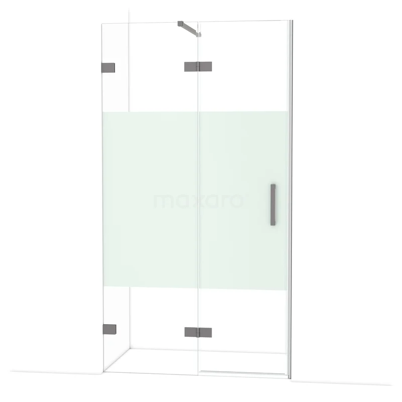 Diamond Douchedeur | 110 cm Zwart metaal Helder met matte strook Draaideur DDB21651123ZM Glazen douchecabine met mat wit accent, hoekig ontwerp, en metalen handgreep; perfecte keuze voor moderne badkamers.